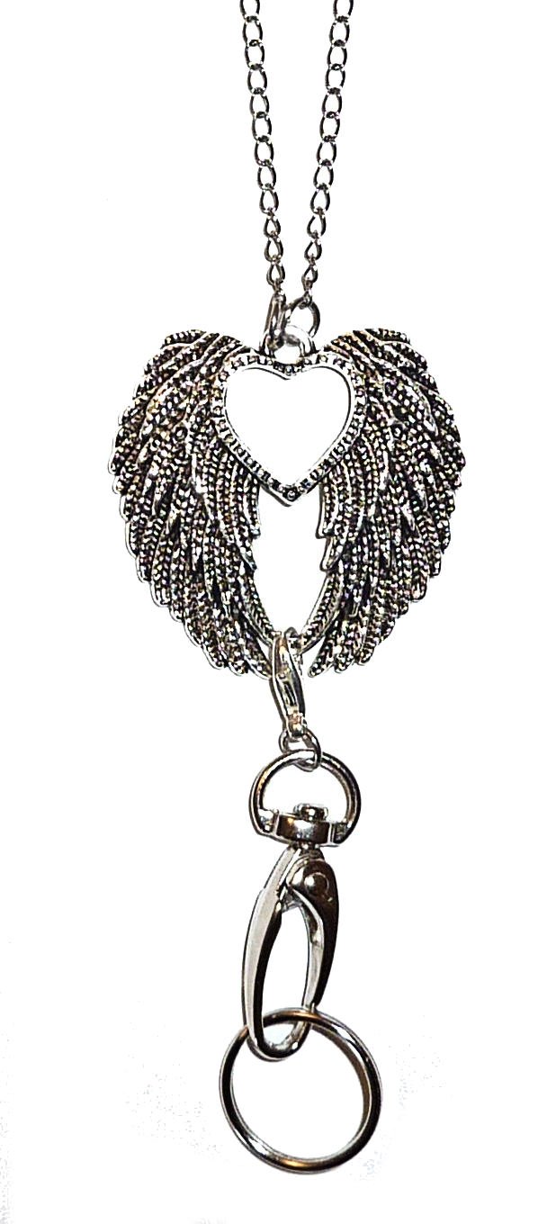 Trendy Women's Fashion Lanyard and Necklace 34" Long, Made in USA, Chain Lanyard, for Keys, Badge Holder, Keys. (Angel Wings)