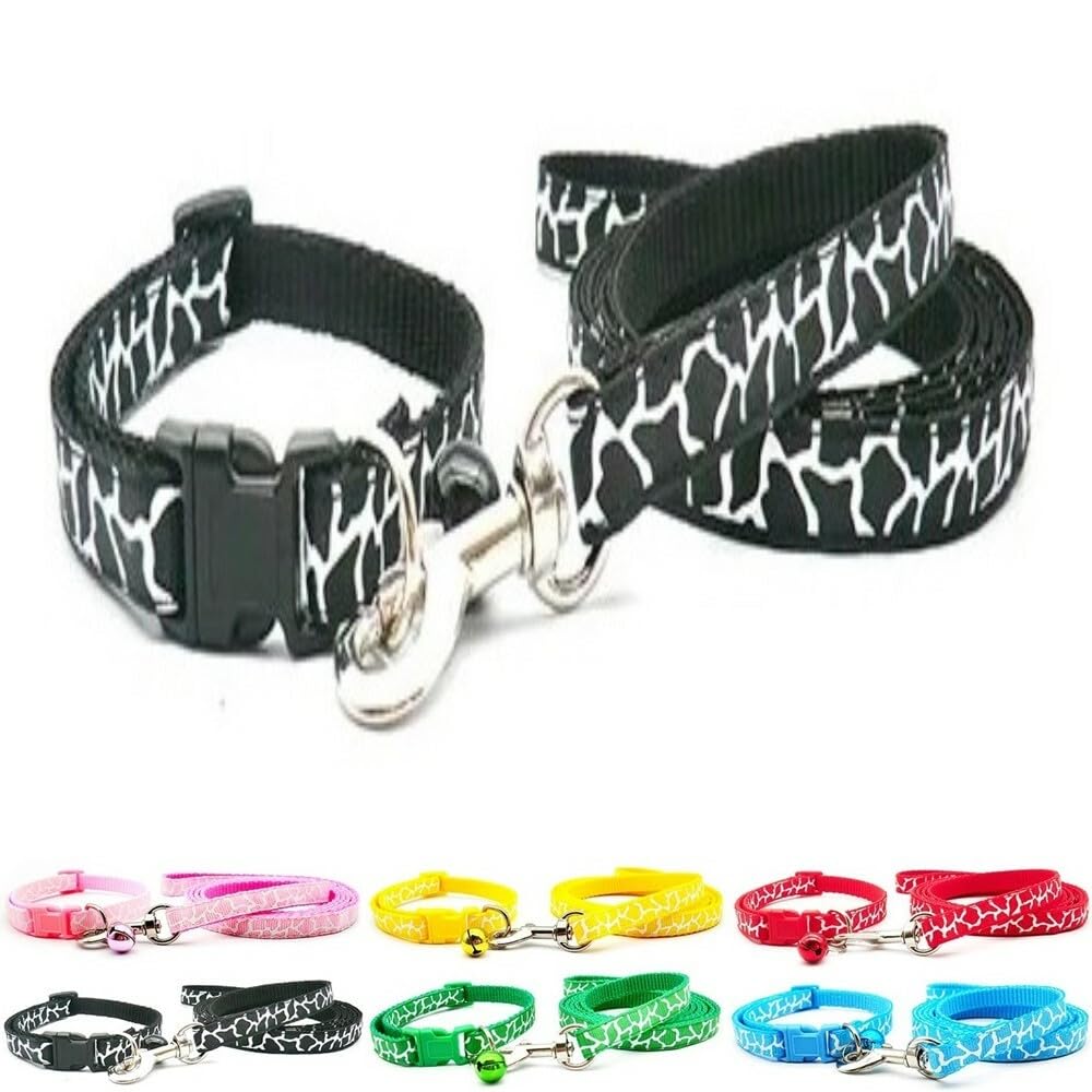 Small Dog Puppy Pet Collar and Lead Set Zebra Giraffe Animal Print Design Nylon Adjustable Size 19-32cm Collar with Bell and 120cm Leash Black