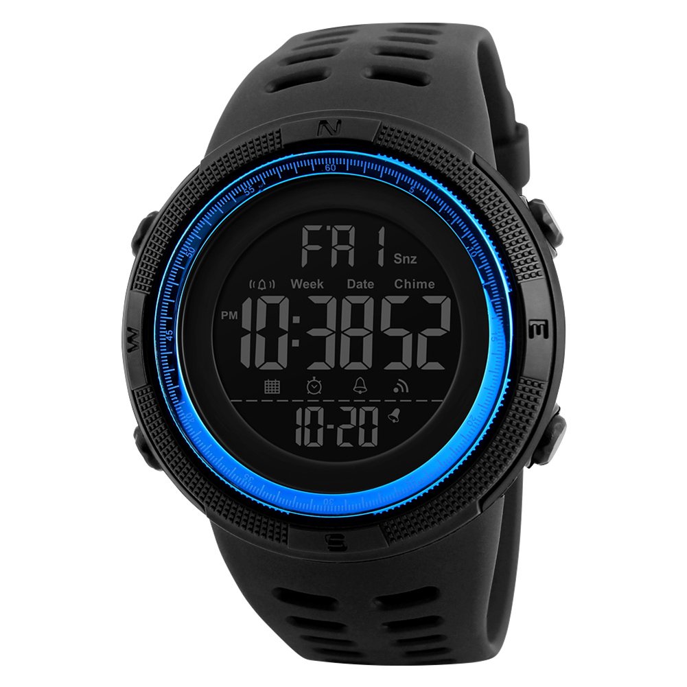 Men's Digital Sport Watch Led Quartz Wrist Watch with Alarm Stopwatch Dual Time Zone Countdown EL Backlight Calendar Date Watches (Black-Blue)
