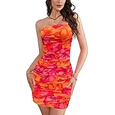 WDIRARA Women's Mesh Strapless Ruched Tube Mini Dress Floral Short Bodycon Dresses