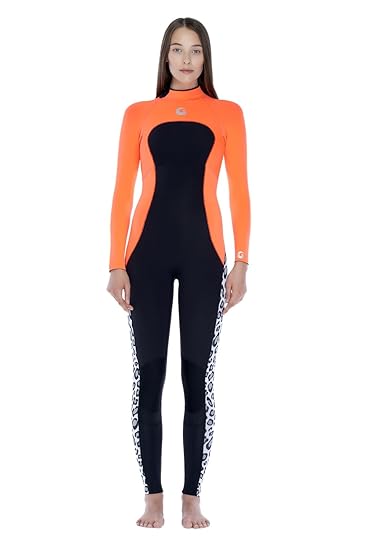 Orange wetsuit full body leg leopard pattern cold water