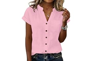 takaeys Womens Tops 2026 Summer Cotton Linen V Neck Pullover Button Short Sleeve Shirt Cozy Comfy Casual Lightweight Soft Top