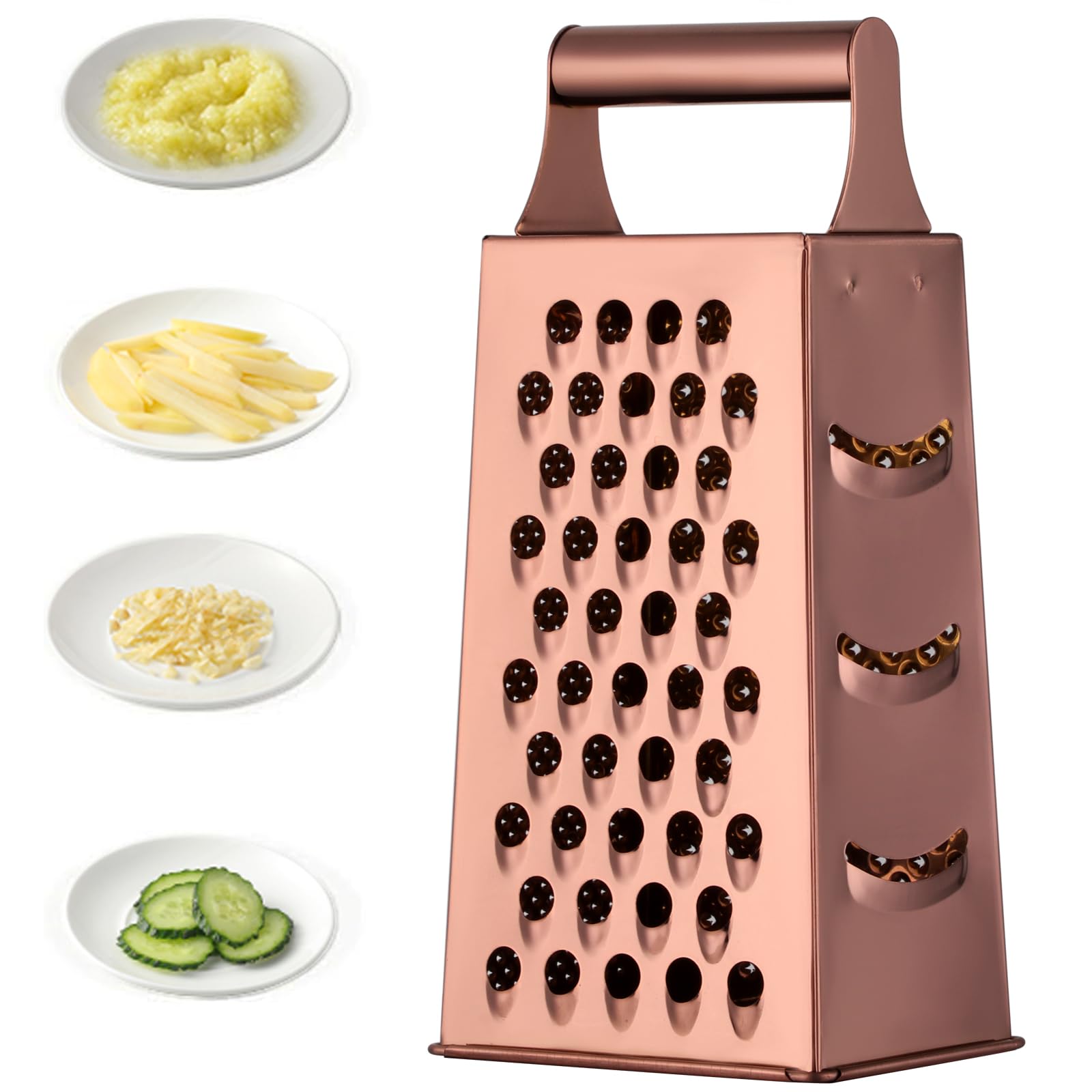 Large Cheese Grater Vegetable Slicer Stainless Steel with 4 Sides, 9.2 Inches Multifunctional Cutter Planing for Ginger, Garlic, Cucumbers, Carrots, Cheese, Potato, graters for Kitchen (Rose Gold)