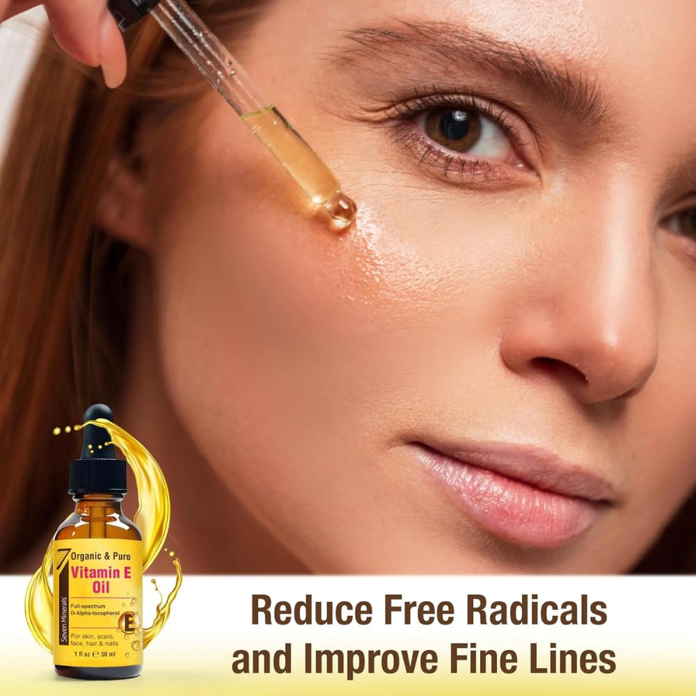 Seven Minerals Ultra Pure Vitamin E Oil - Full-Spectrum D-Alpha Tocopherol, 1 Fl Oz - 100% Organic Vitamin E Oil for Skin, Face, Hair, and Scars - Naturally Occurring = Not Synthetic