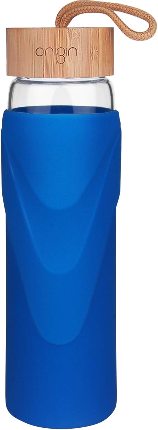 Origin - Best Wide Mouth BPA-Free Glass Water Bottle with Protective Silicone Sleeve and Bamboo Lid - Dishwasher Safe (Royal Blue, 24 Ounce)