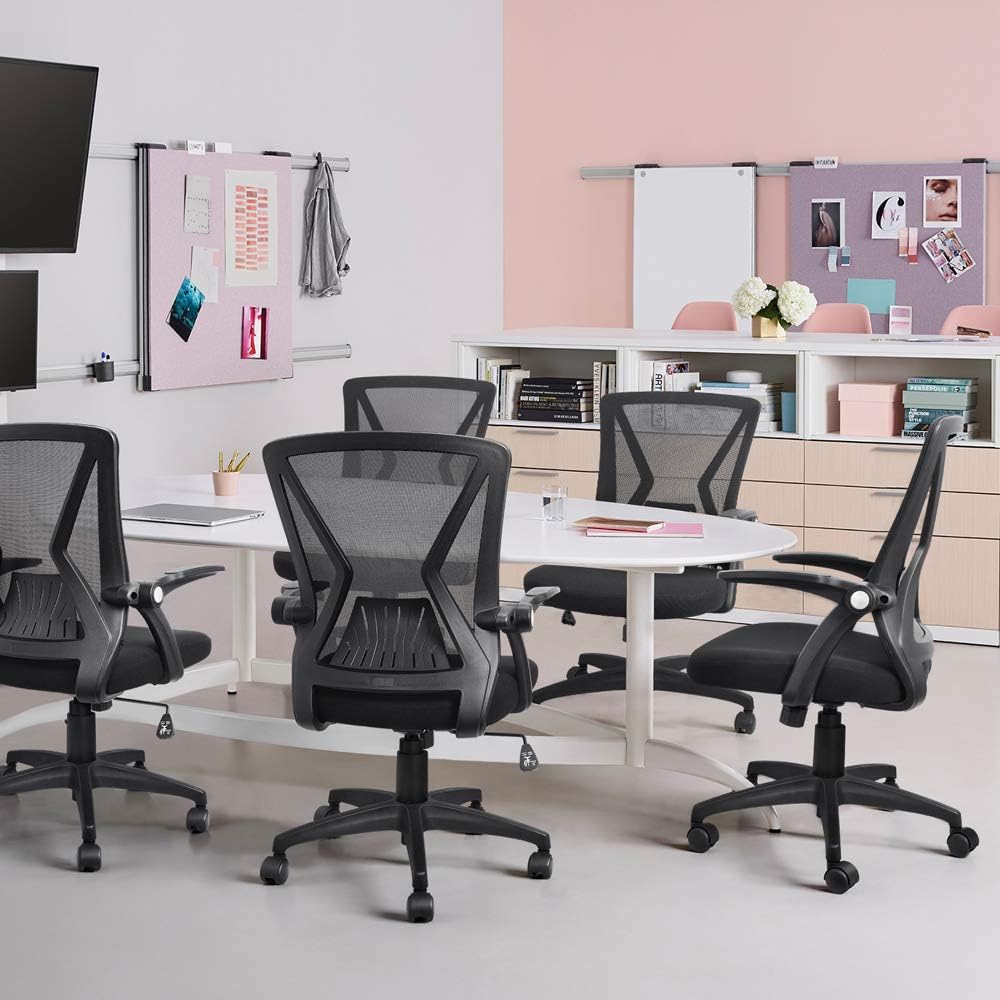 QOROOS Mid Back Mesh Office Chair Ergonomic Swivel Black Mesh Desk Chair Flip Up Arms with Lumbar Support Computer Chair Adjustable Height Task Chairs: Kitchen & Dining