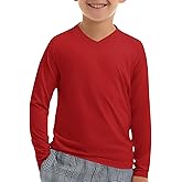 Haloumoning Boys Long Sleeve Shirts Dry Fit Athletic T Shirts for Teens Kids V-Neck Comfy Tops Tees 5-14 Years
