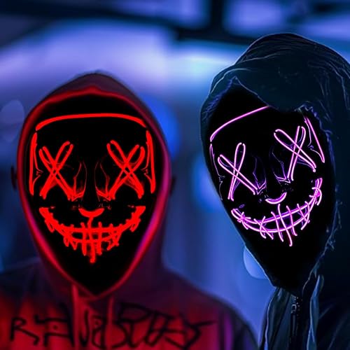 LKNBIF LED Halloween Light Up Mask, 3 Modes Light Up Led Mask, 2 PCS LED Anonymous Scary Masks for Adults, for Boys Kids Adult - Red+Purple