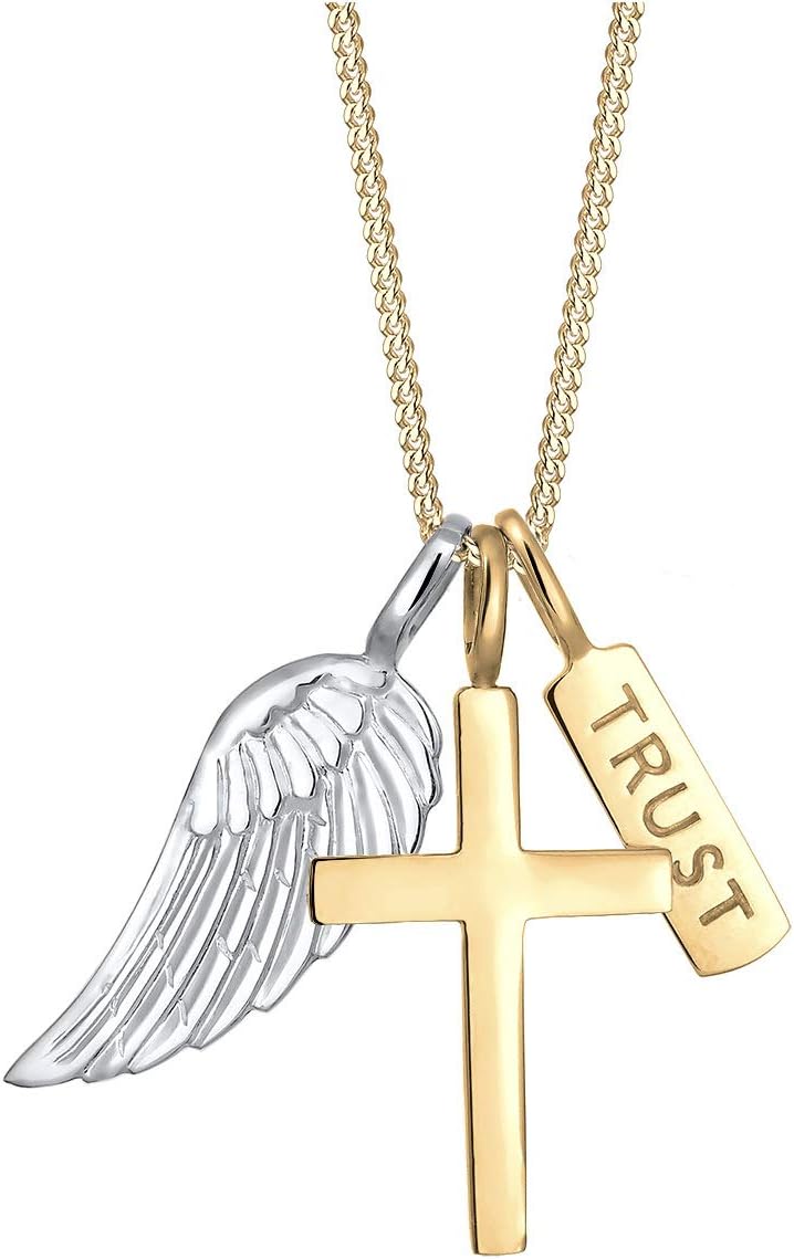 ElliWomen's 925 Sterling Silver Wording Lettering Cross Religion Bi-Color Pendant Necklace - 45cm length