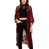 FaroDor Women's Long Flowy Lace Crochet Kimono Cardigan Boho Style Summer Beach Cover Ups Wine Red
