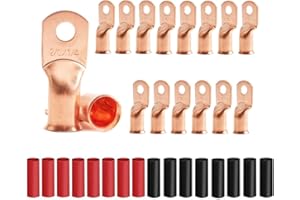 JOYPXF 16Pcs 2/0 AWG 1/4" Stud Heavy Duty Copper Wire Lugs with 16Pcs Heat Shrink Tubing 2/0 Gauge Ring Terminals Battery Cable Ends Bare Copper Eyelets Tubular Ring Terminal for Car Boat Marine