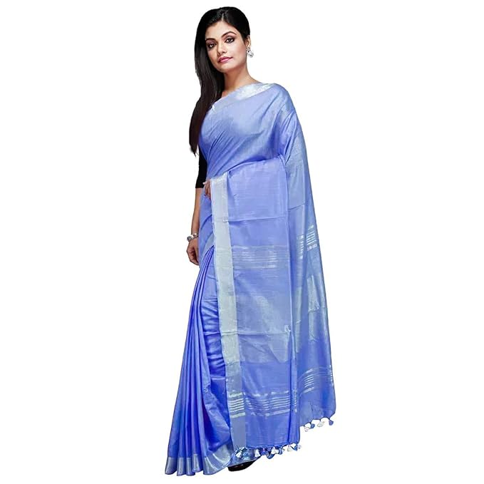 For Womens Bhagalpuri Cotton Slub Royal Blue Saree With Plain Zari Border Running Blouse Piece