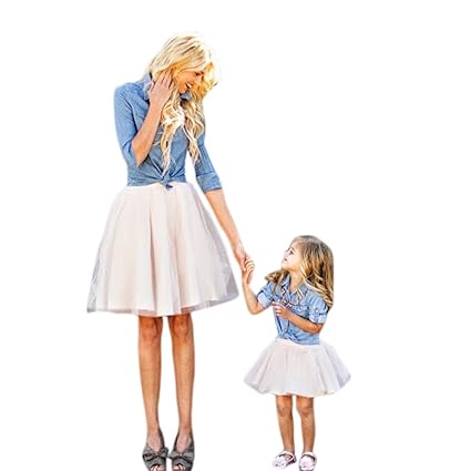 Mommy And Me Denim T-Shirt Tops + Rock Kleid Familie Kleidung Outfits Set Kinder Strandkleid Partykleid Mama Ich Frauen Famil
