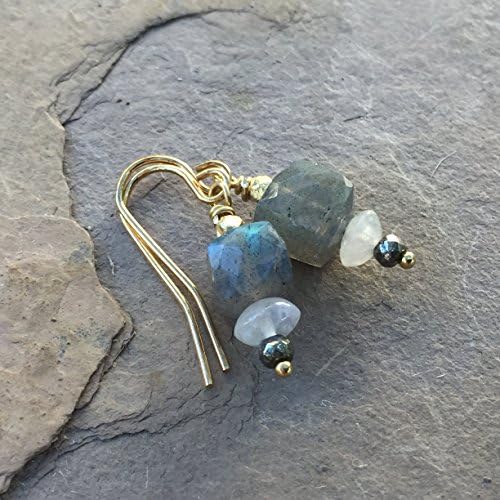 Labradorite, Moonstone and Pyrite Earrings with Gold Vermeil, 1 inch long