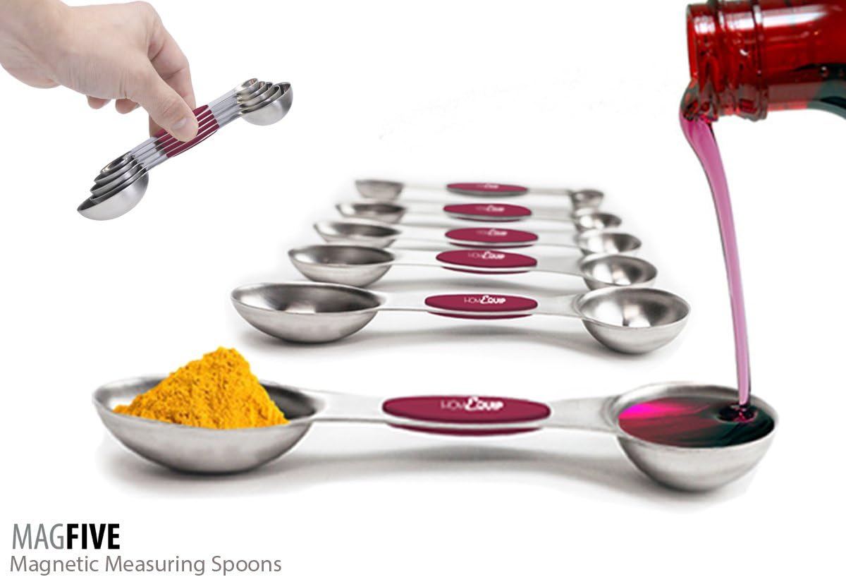 Set of 5 - Premium Stainless Steel MagFive Magnetic Measuring Spoons for Cooking and Baking by HomeQuip | 2-in-1 Easy to Use and Store Premium Kitchen Spoon - Narrow End for Spice Jars and Round End for Liquids | Set of 5