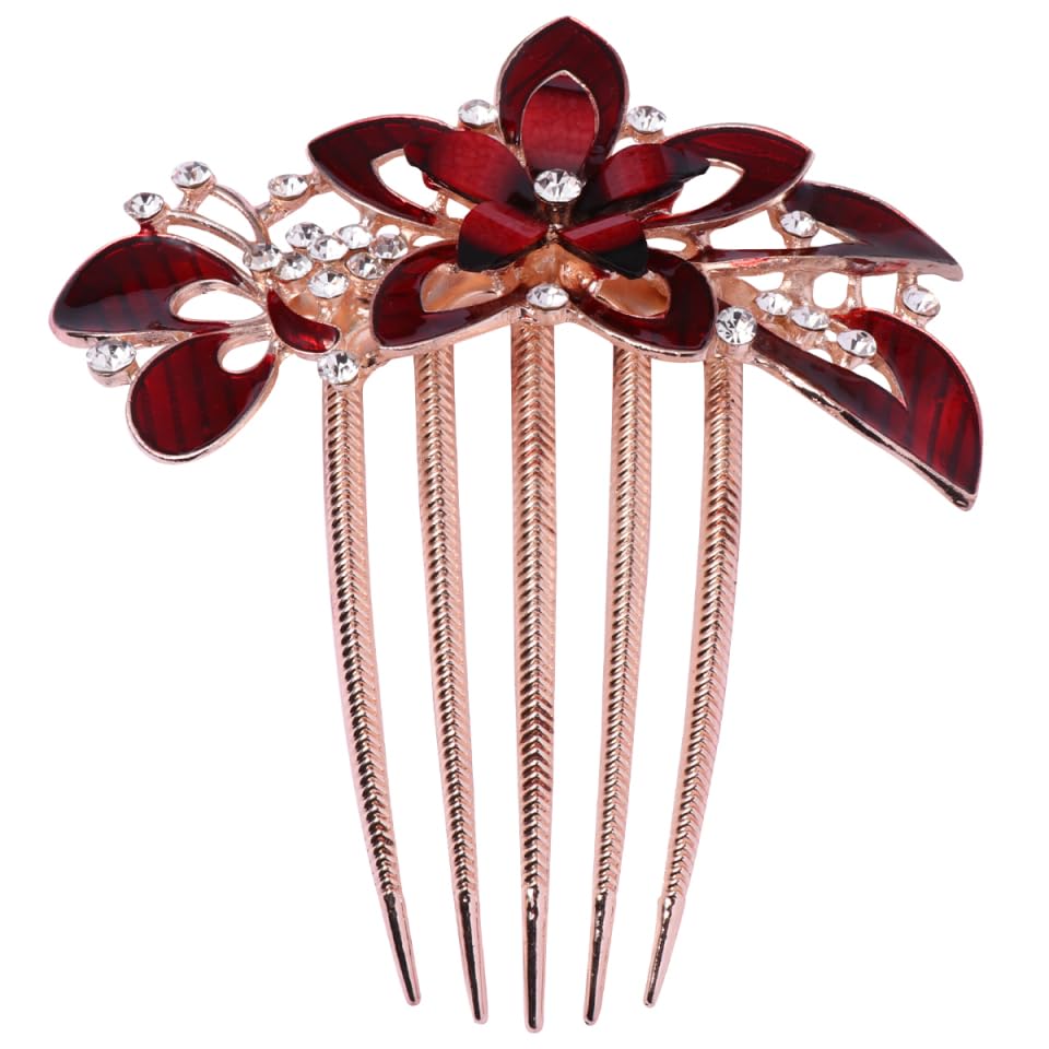 Lurrose Rhinestone Flower Hair Comb Wedding Hair Comb Red Barrette Burgundy Accessories for Women Girls Brides Bridesmaids