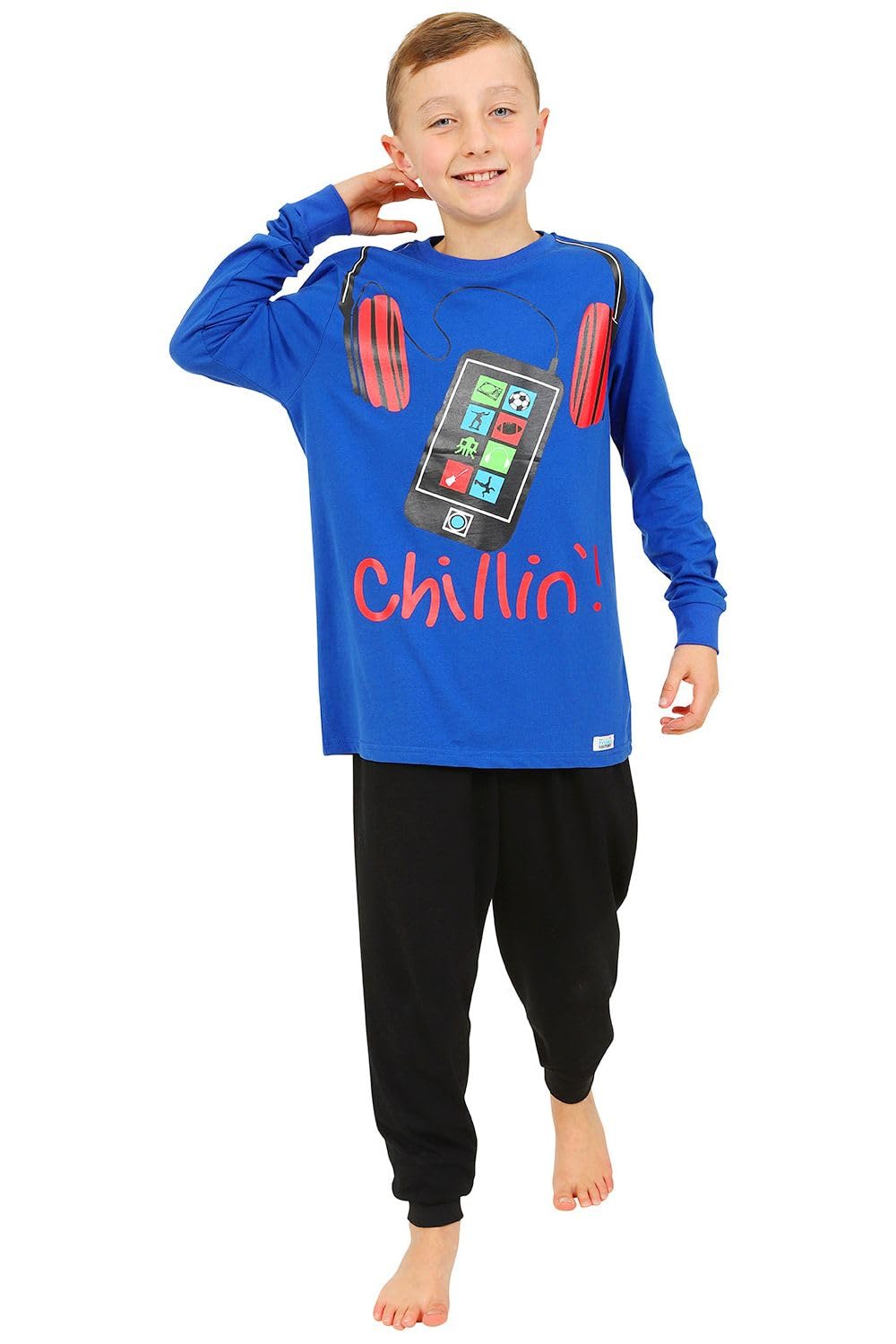 ThePyjamaFactory Cool Boy's Chillin!! Mobile Phone Long Pyjama Set PJs for Kids (11-12 Years) Blue