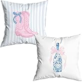 ZNGFON Blue and White Chinoiserie Champagne Coquette Pillow Covers 18x18 Set of 2, Pink Bow Cowgirl Boots Pillow Covers Decor，Preppy Cowgirl Room Decor, Pink Girly Bedroom Decor, Coquette Stuff