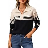 ATOFY Women's V Neck Sweater Fall Casual Striped Color Block Long Sleeve Polo Pullover Soft Knitted Sweaters