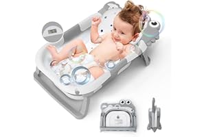 JOYINGBABY Collapsible Baby Bathtub for Infants to Toddler with Real-time Temp Monitor Floating Cushion,Foldable Baby Bath Tub Set 0-36 Month,Portable Travel Baby Tub for Newborns Boys Girls (Grey)