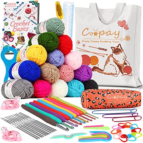 Coopay Crochet Kit Beginners Crochet Starter Kit with 15 Colors Yarn, 71PCS Crochet Beginners Set Crochet Kit for Kids/Adults, Cat Canvas Tote Bag Full Crochet Accessories & Instructions