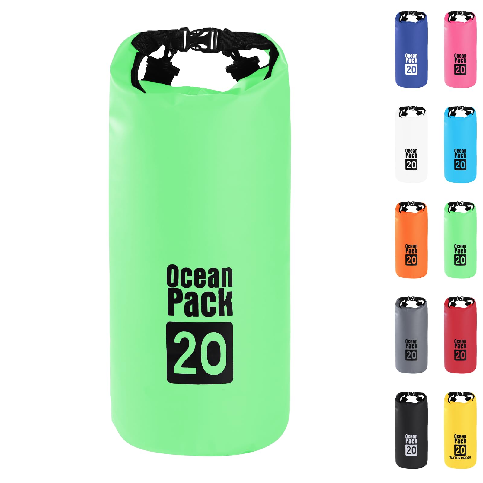 Dry Bag 20L, Boat Dry Bags Green Waterproof Bag Dry Sack Roll Top Long Adjustable Shoulder Strap 2L/5L/10L/20L/30L/40L for Drifting Boating Kayaking Fishing Rafting Swimming Camping Canoeing Surfing