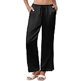 Ekouaer Womens Silk Satin Pajama Pants Casual Comfy Sleep Pants Pocketed Elastic Waist Wide Leg Pj Bottoms with Lace Trim
