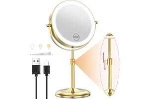 Benbilry Lighted Makeup Mirror with 3 Color Lights & 10X Magnification, Adjustable Brightness & Height, 7 Inch 360° Swivel Rechargeable 10X LED Magnifying Vanity Mirror with Light, Gold