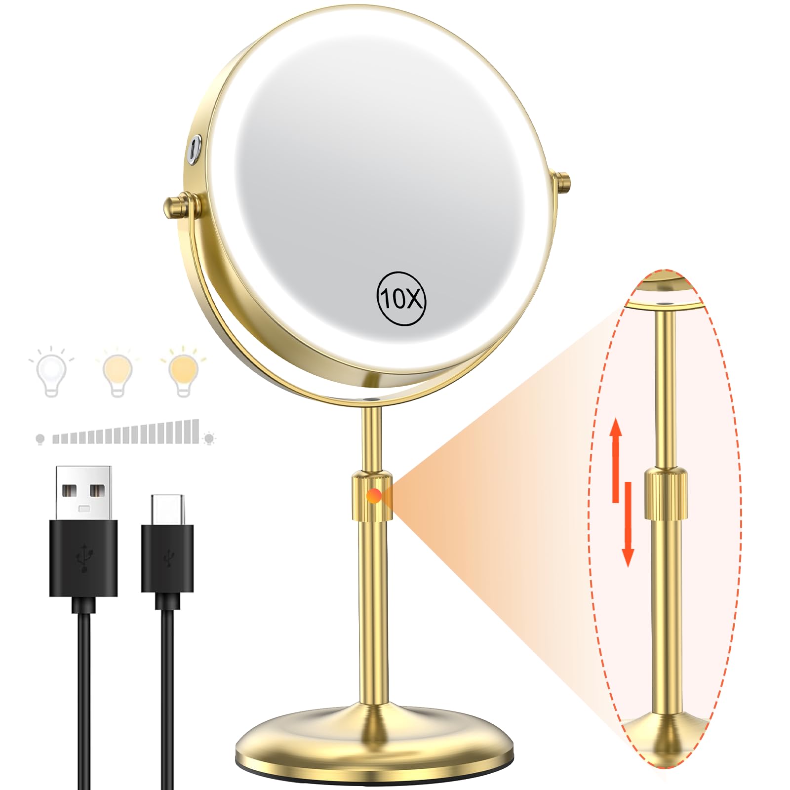 Photo 1 of Benbilry Lighted Makeup Mirror with 3 Color Lights & 10X Magnification, Adjustable Brightness & Height, 7 Inch 360° Swivel Rechargeable 10X LED Magnifying Vanity Mirror with Light, Gold