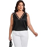 OYOANGLE Women's Plus Size Floral Lace Scallop Trim Tank Top V Neck Sleeveless Summer Solid Tops