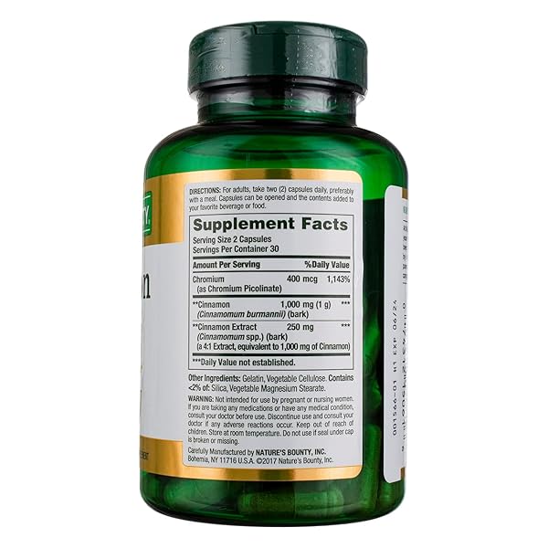 NATURE’S BOUNTY CINNAMON 2000MG PLUS CHROMIUM, SUGAR METABOLISM SUPPORT SUPPLEMENT, 60 CAPSULES