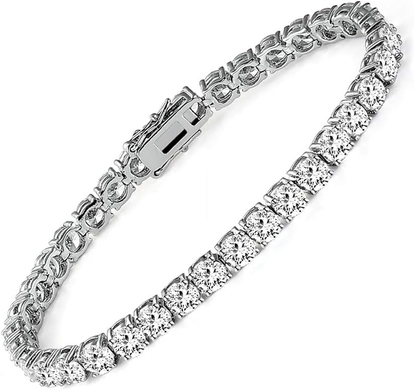 14k White Gold Plated Round Cut 5 Cubic Zirconia Tennis Bracelet 7.5 inch for Men and Women