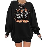 Eatbook Halloween Sweatshirt for Women Oversized Dancing Skeleton Shirt Spooky Skull Graphic Pullover Pumpkin Gift Top