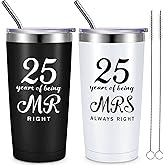 Cunhill 2 Pcs Mr. Right Mrs. Always Right Travel Tumbler Set 20 oz Wedding Engagement Anniversary Travel Mug for Husband Wife Newlywed Couples Bride Groom Anniversary(25th Tumbler)