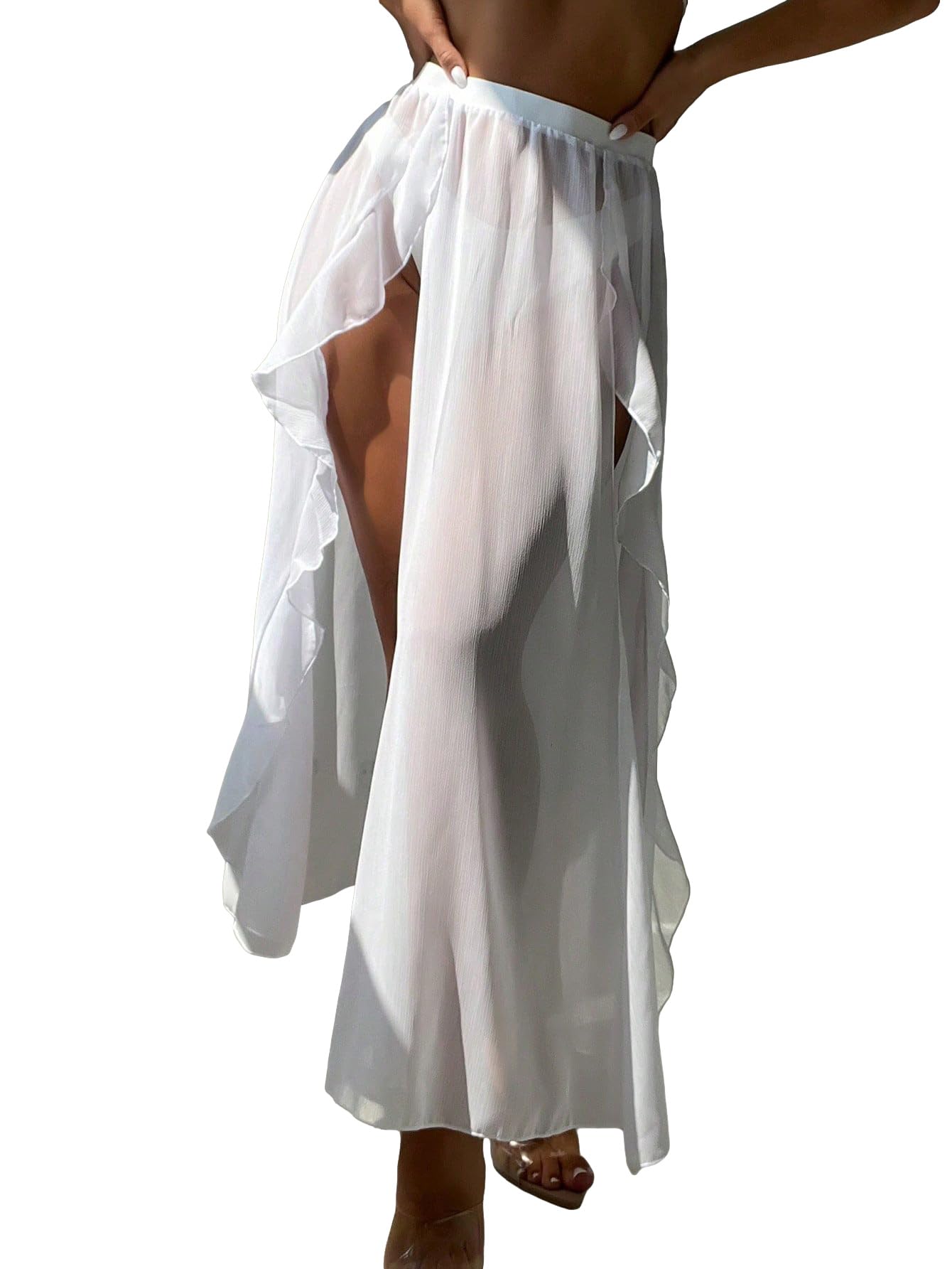 Photo 1 of Milumia Women's Mesh Split Thigh Ruffle Trim Long Beach Skirt Bikini Cover Ups Beachwear White Medium
