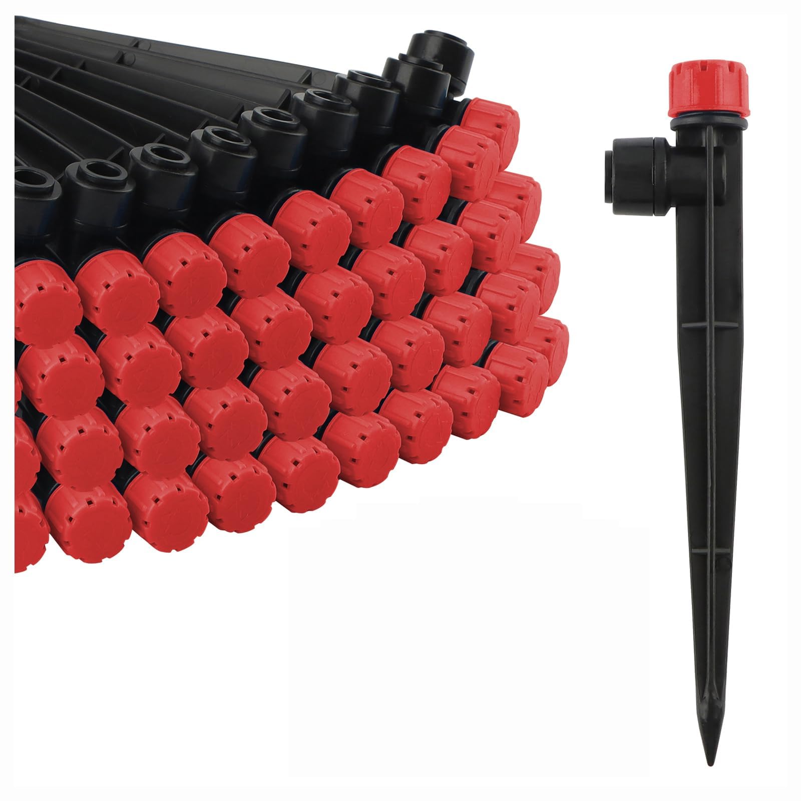 Photo 1 of 100PCS Drip Irrigation Emitters, Kalolary Adjustable 360 Degree Water Flow Drippers Emitters for 1/4" Drip Irrigation System Tubing, Garden Irrigation Drippers for House Garden Flower beds(Red)