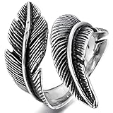 INBLUE Men,Women's Stainless Steel Ring Black Silver Tone Feather Size8