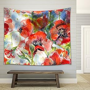 Seamless Pattern with Watercolor Hand Drawn Poppies - Fabric Wall Tapestry Home Decor - 51x60 inches