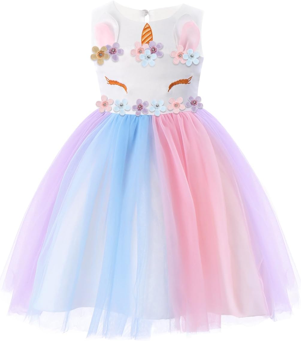 OBEEII Kids Unicorn Rainbow Dress Cosplay Party Costume Fairy Fancy Dress Princess Tutu Skirt for Birthday Carnival Hallowee 1-7 Years