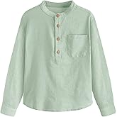 Inorin Boys Linen Shirt Button Up Henley Long Sleeve Dress Shirts Cotton Lightweight Tees Tops with One Pocket