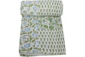 YUVANCRAFTS Indian Block Print Kantha Quilt Queen Size Kantha Throw Blanket Bedspread Cotton Bed Cover Vintage Quilt Boho Twin 90 X 60 Inch Green
