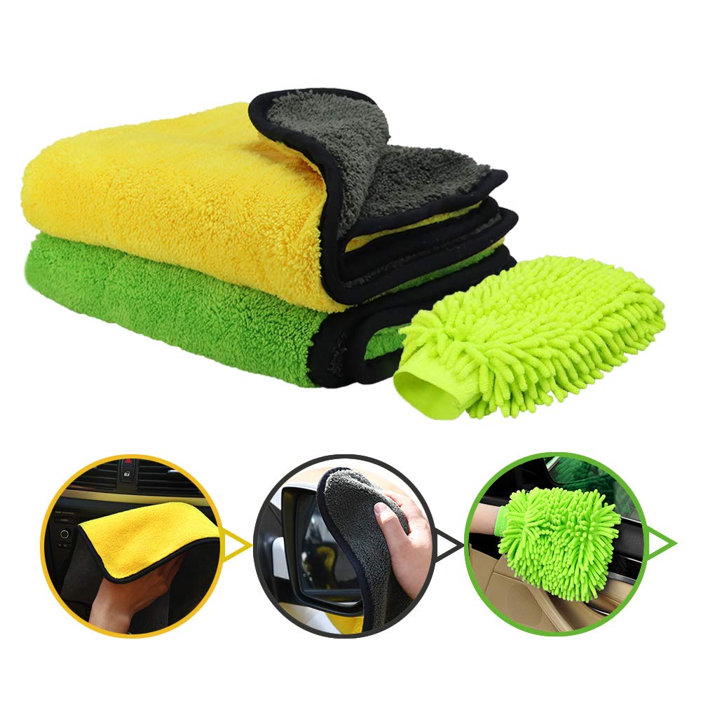 Oladwolf Mikrofasertücher zur Autopflege,2 Stück Mikrofaser Poliertuch + 1 Auto Waschhandschuh,Extrem saugstark und Weicher Auto-Trockentuch zum Auto Lackpflege,Waschen,Putzen und Polieren 45x38cm