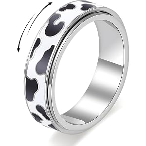 Cow Print Fidget Spinner Ring for Women–18K Gold Plated Stainless Steel Rotating Band,Black & White Enamel,Anti-Anxiety Stres