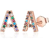 Memorjew Initial Stud Earrings for Women, Hypoallergenic 925 Sterling Silver Post Rainbow Cubic Zirconia 14K-Gold-Plated 26 Initial Earrings for Women Jewelry Gifts