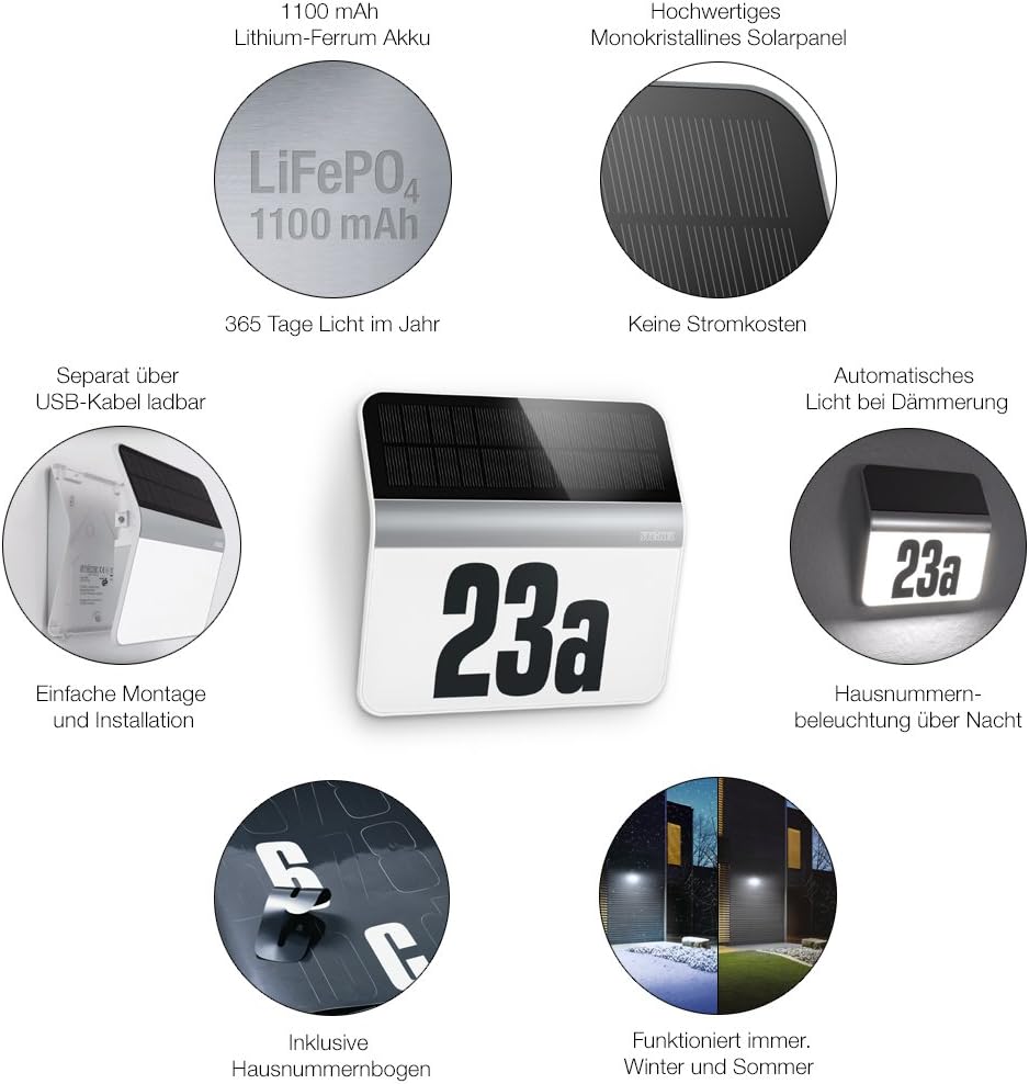 Steinel Solar House Number Light XSolar LH-N, Stainless Steel, Outdoor Solar Light, LED Wall Light, Including Street numbers and Letters - Image 5