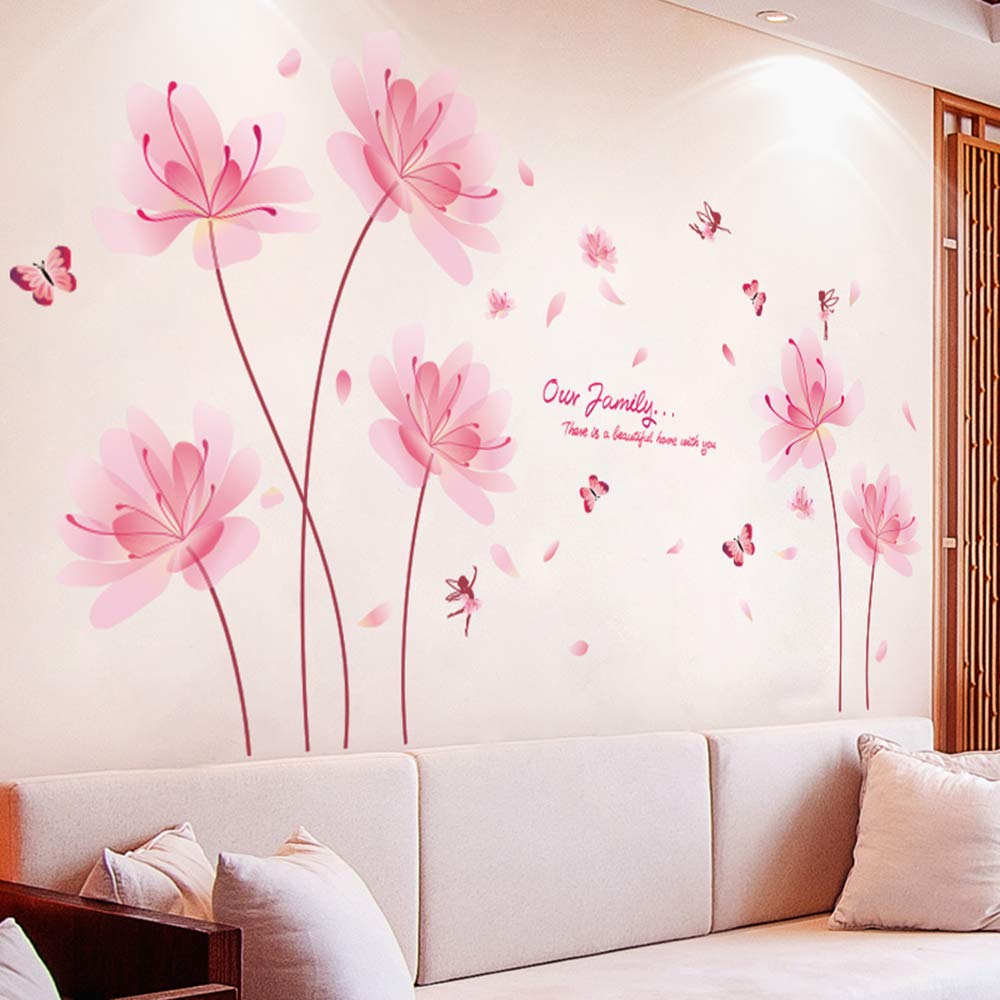 BuerHomie Decor, Pink Flowers, Butterflies and Elves Wall Stickers, Wall Decal for Living Room and Bedroom, Wall Art for Girls