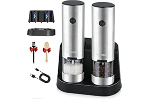 Electric Salt and Pepper Grinder Set with Dual Charging Base, Stainless Steel Automatic Salt and Pepper Shakers, External Adj
