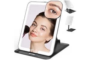 Mocado Travel Makeup Mirror with Light, Tripple Folding Vanity Mirror with Lights, 3 Colors Lighted Makeup Mirror, 1500mAh Rechargeable, Memory Function, Freely Adjust Height and Angle(Black)