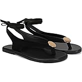 GTBINGGO Flat Sandals for Women Strappy Sandals Comfortable Dressy Beach Flip Flop Slides Thong Sandals for Women with Metal Circular