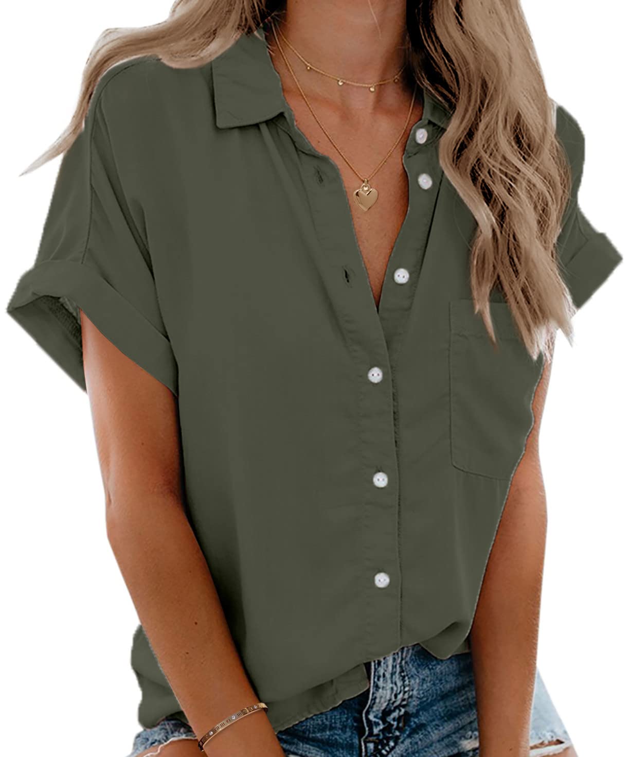 Beautife Womens Short Sleeve Shirts V Neck Collared Button Down Shirt ...